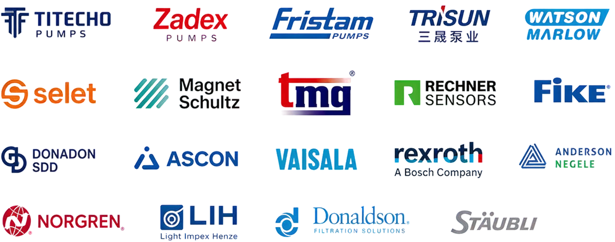 Логотипи брендів-партнерів: Titecho, Zadex, Fristam, Trisun, Watson Marlow, Selet, Magnet Schultz, TMG, Rechner, Fike, Donadon, Ascon, Vaisala, Rexroth, Anderson Negele, Norgren, LIH, Donaldson, Stäubli